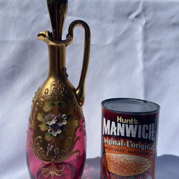 Cranberry Bohemian Glass Cruet, Gilded, Hand-painted, enameled appliques - Picture 9 of 13